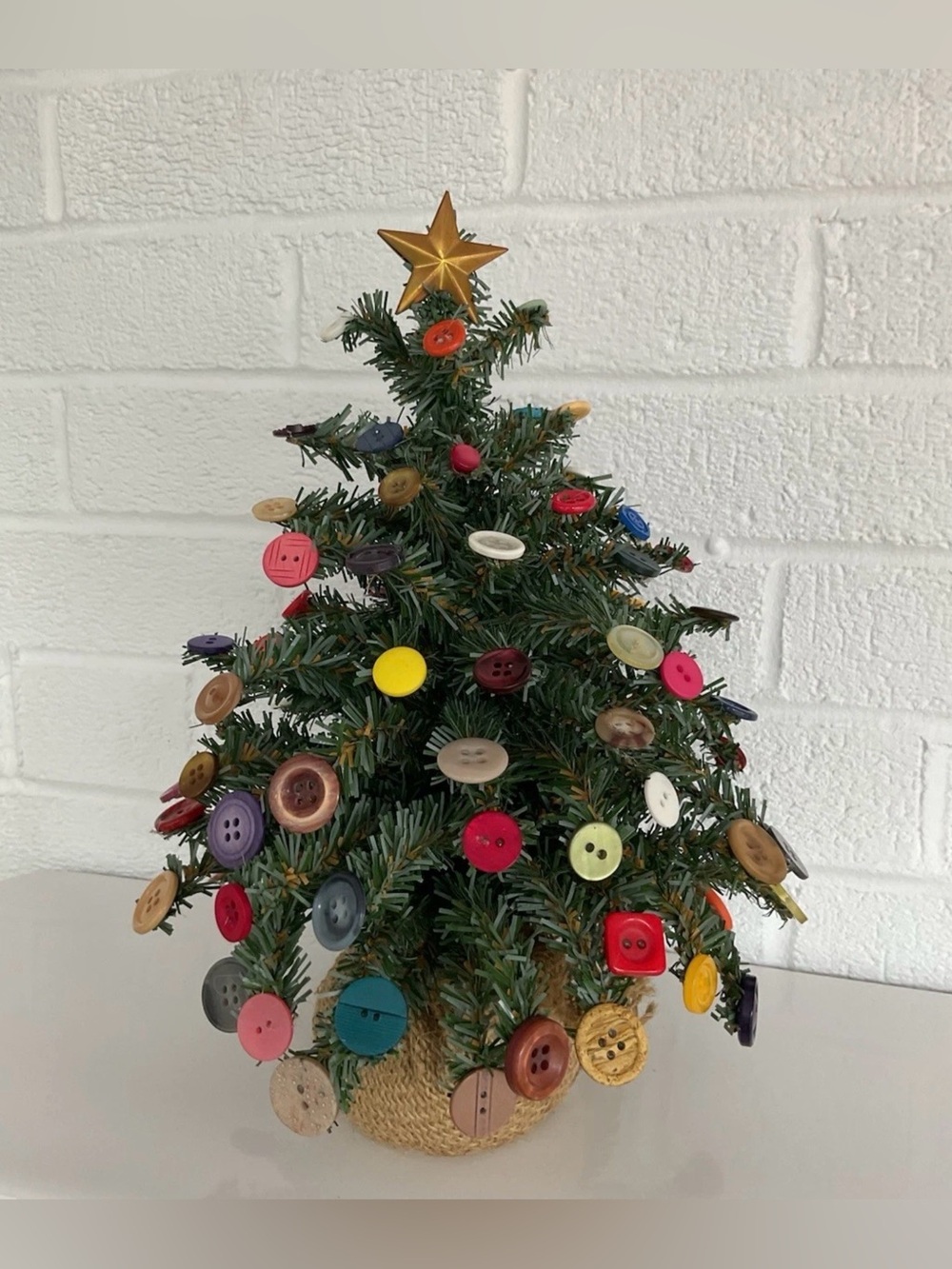 Vintage Handmade Button Christmas Mini Tree Tabletop Burlap Holiday Decoration